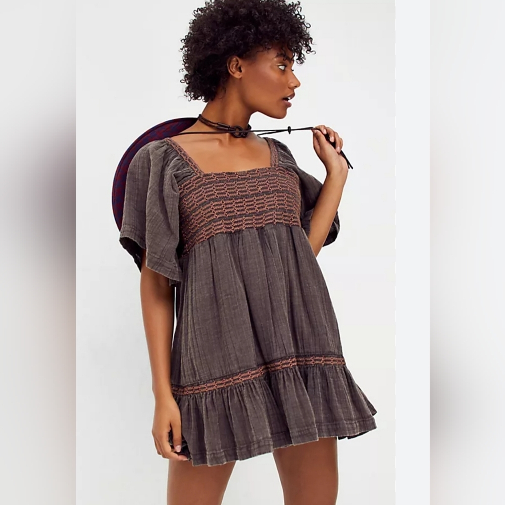 Free People Brown Mini Dress with Rust Crochet Detail